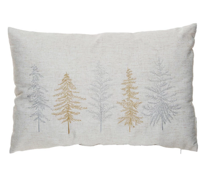 Fabric Blend Lumbar Pillow w/ Embroidered Trees