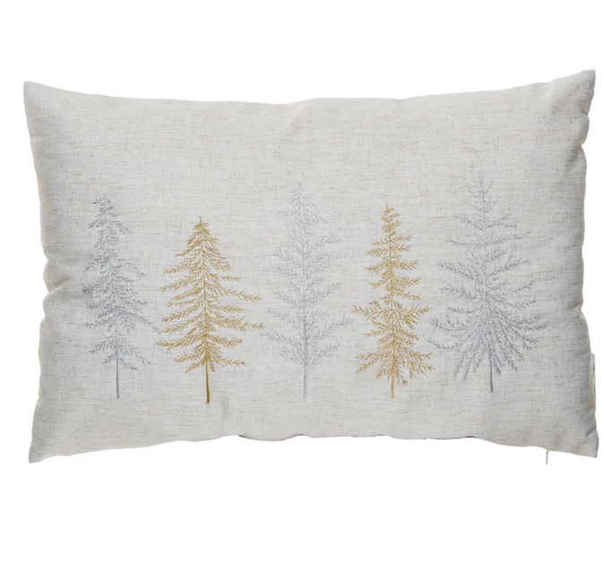 Fabric Blend Lumbar Pillow w/ Embroidered Trees
