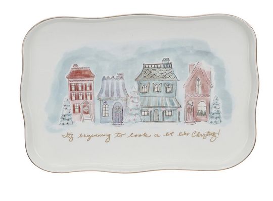 Stoneware Platter w/ Village Christmas Scene &amp; Gold Electroplating