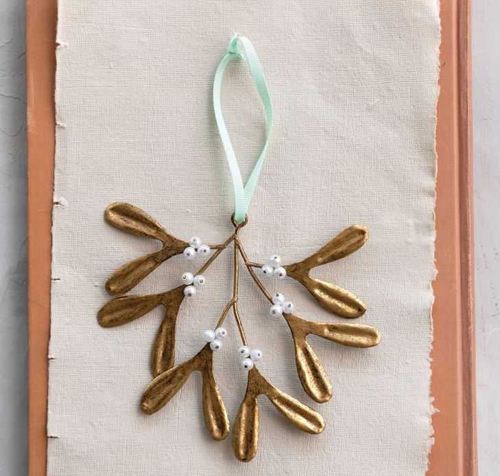 4-1/2&quot;H Metal Mistletoe Ornament w/ Glass Beads, Antique Gold Finish &amp; White