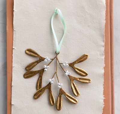4-1/2&quot;H Metal Mistletoe Ornament w/ Glass Beads, Antique Gold Finish &amp; White