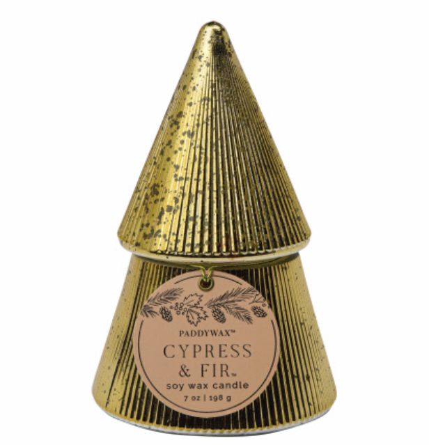 Cypress &amp; Fir 7oz  Gold Ribbed Mercury Tree Candle - Cypress &amp; Fir