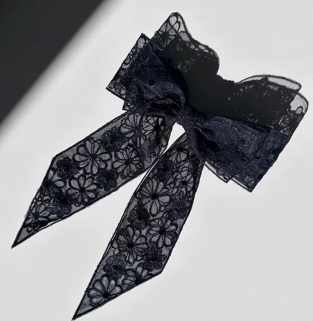 Embroidered Daisy Lace Hair Bow Barrette- Black