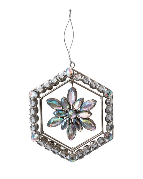Metal &amp; Acrylic Jewel Snowflake Ornament w/ Hexagon Frame