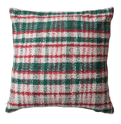 20&quot; Square Woven Cotton Blend Pillow, Cream Color, Green &amp; Red Plaid