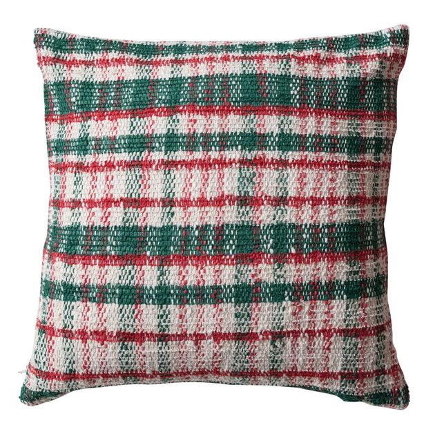 20&quot; Square Woven Cotton Blend Pillow, Cream Color, Green &amp; Red Plaid