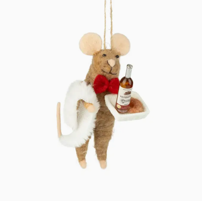 Felt Waiter Mouse Orn, Nat/Rd Bowtie, Wine Tray