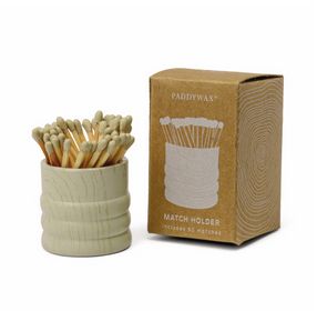 GRAIN WHITE WASHED CERAMIC WOOD MATCH HOLDER PACKAGED IN BOX - 50 COUNT OF MATCHES