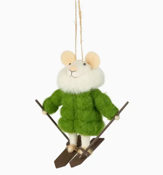 Felt Ski Mouse Orn, Grn Jacket/Wht Collar, Pole