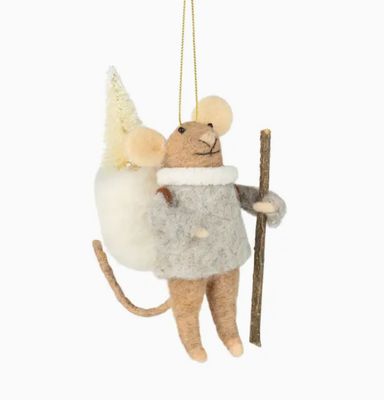 Felt Hiking Mouse Orn,/Wht Bpack/Brwn Walk Stick