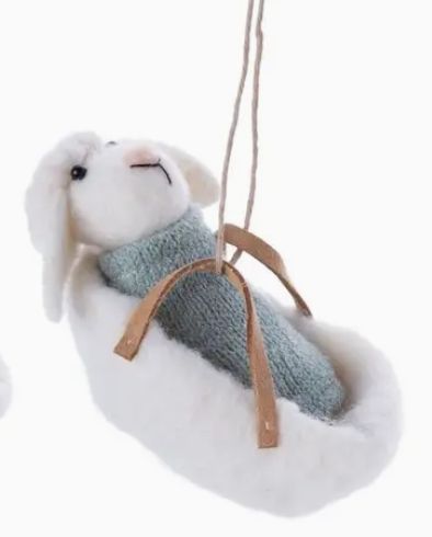 Felt Baby Lambs in Bassinet Ornament - Blue