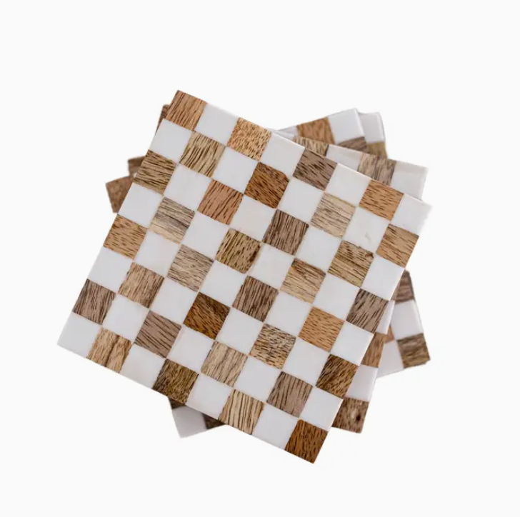 Checkered Wood &amp; Resin Coasters (Set of 4)