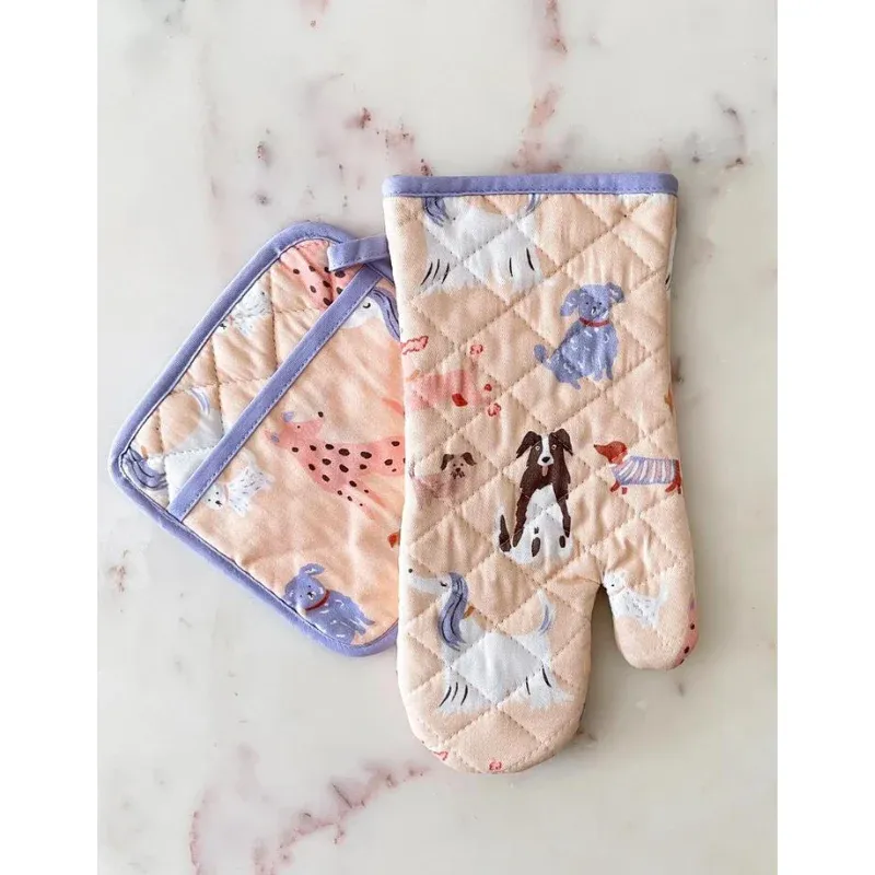 Dogs Cotton Oven Mitt + Pot Holder Set