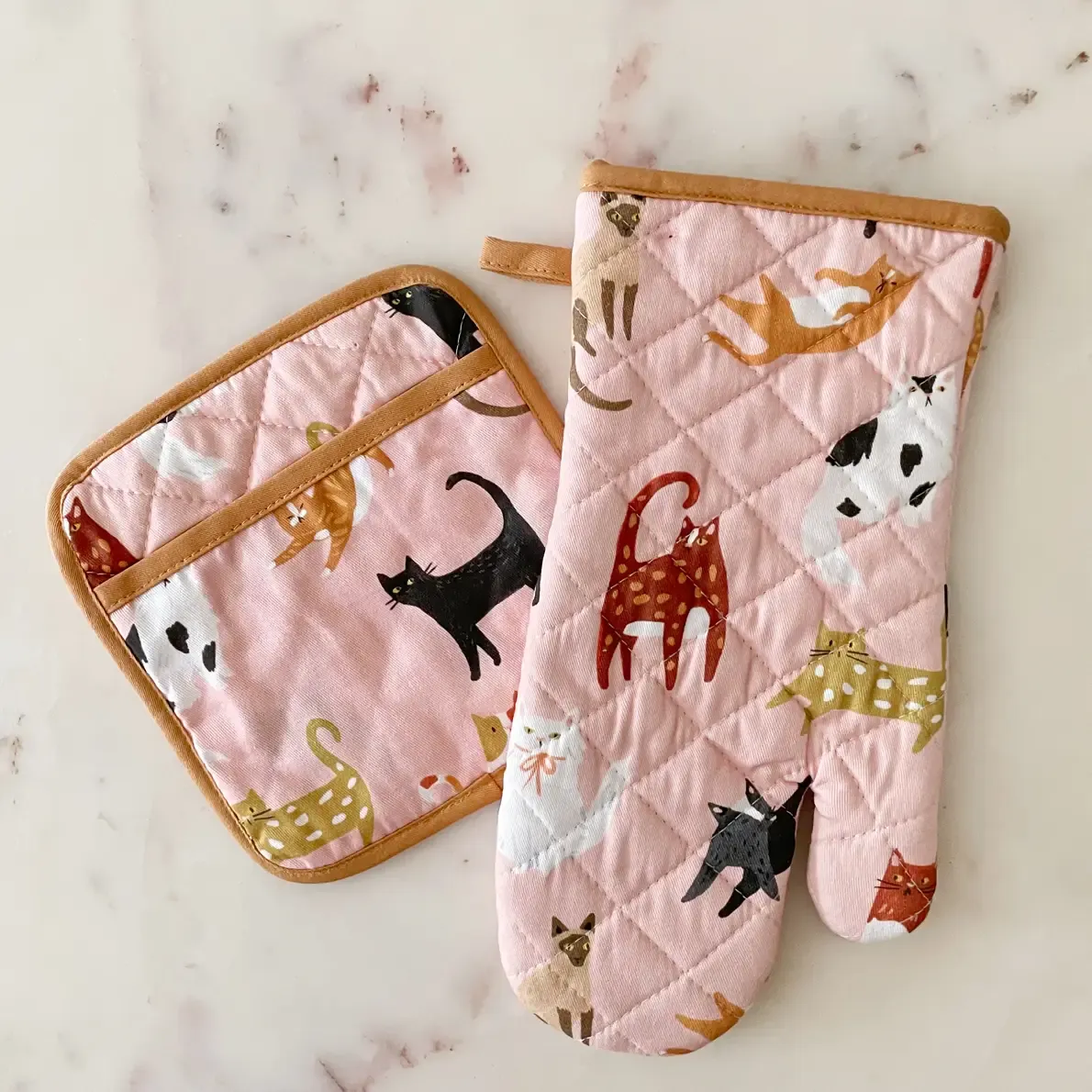 Cats Cotton Oven Mitt + Pot Holder Set