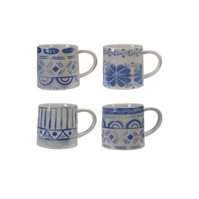 Stoneware Mug with Tile Pattern - Blue &amp; White
