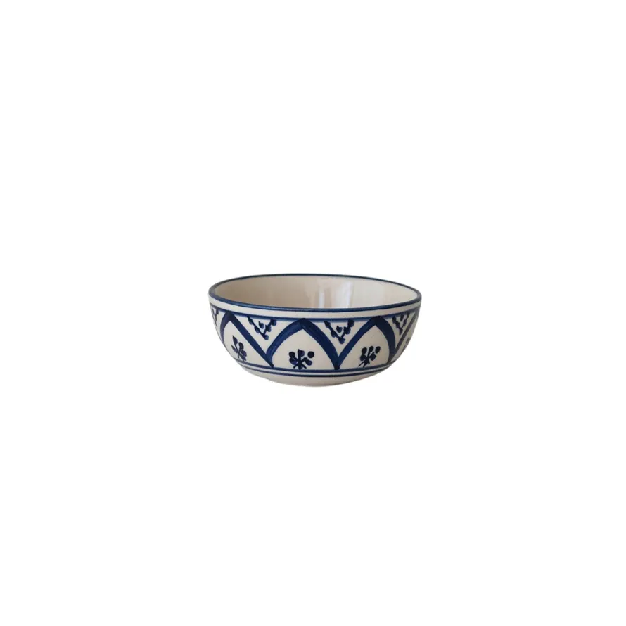 Hand-Painted Stoneware Bowl w/ Pattern - Cream Color &amp; Blue