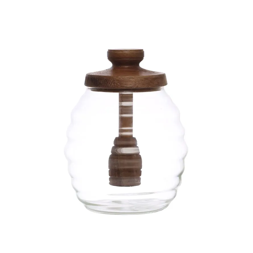 Glass Honey Jar w/ Acacia Wood Lid &amp; Attached Honey Dipper