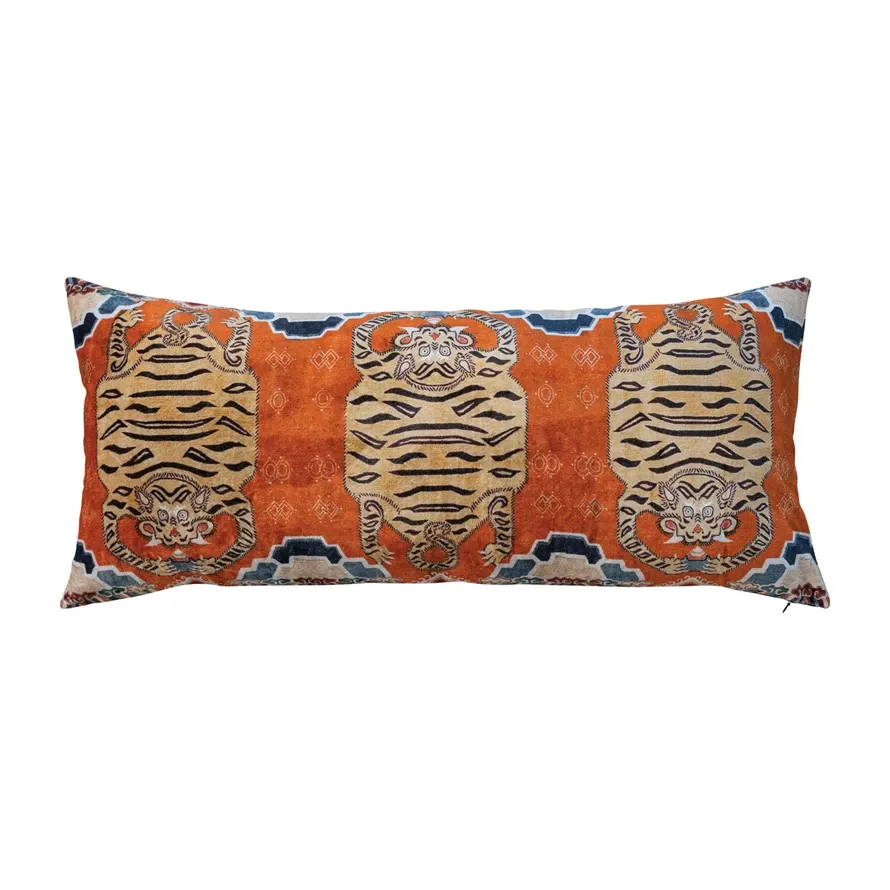32&quot;L x 14&quot;H Cotton Velvet Tiger Patterned Lumbar Pillow