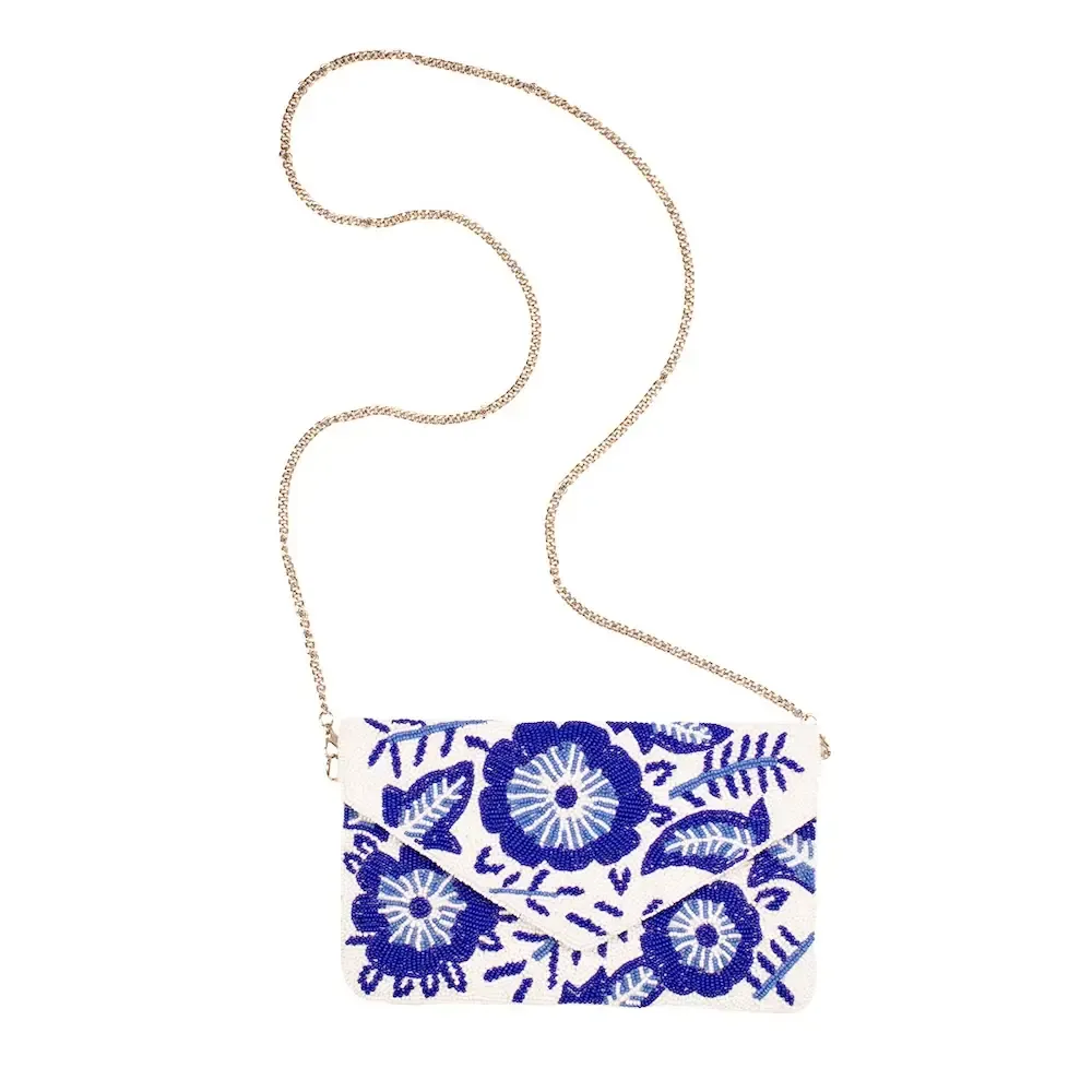White &amp; Blue Floral Beaded Clutch