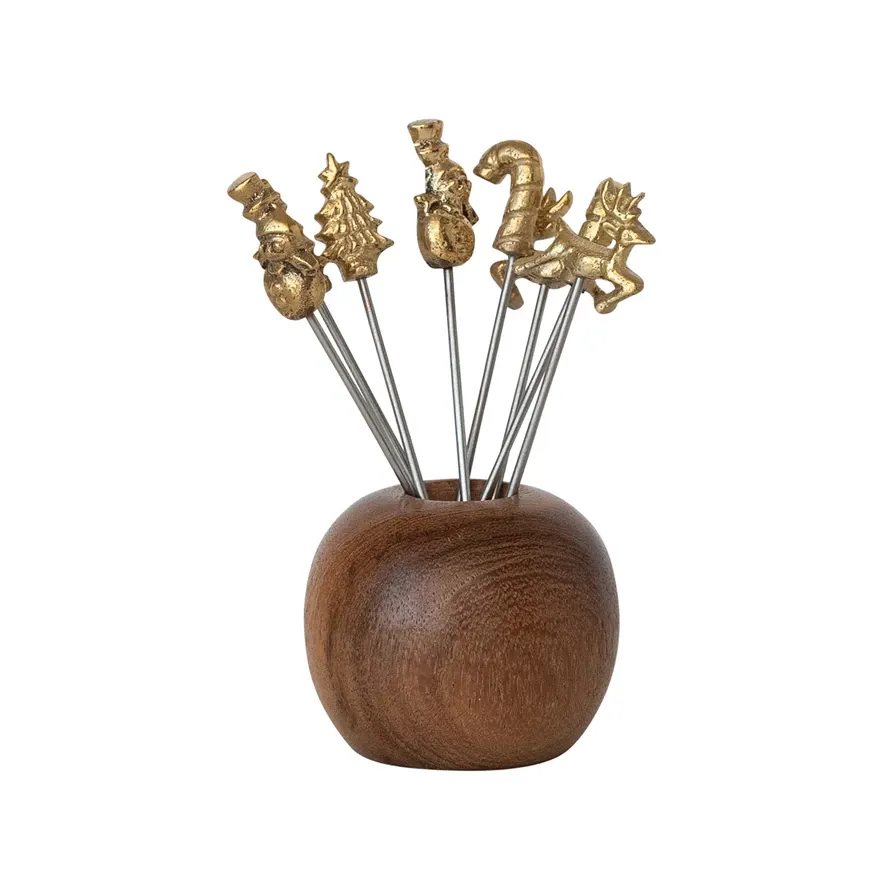 Holiday Mango Wood Holder with (8) Appetizer Picks