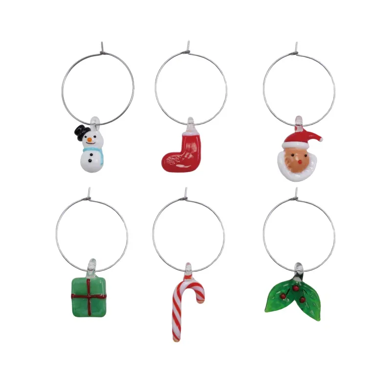 Blown Glass Holiday Icon Wine Glass Charms -  Set of 6