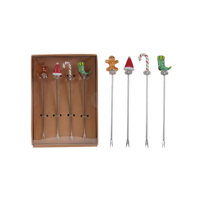 Hand-Blown Glass Holiday Icons Appetizer Picks - Set of 4