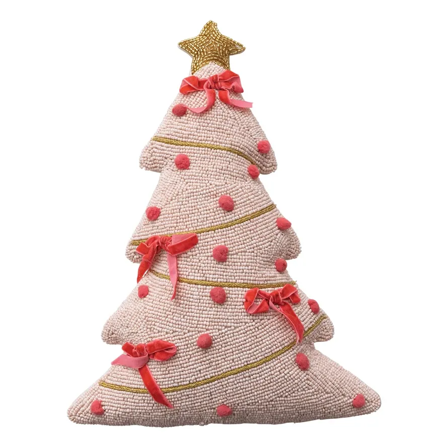 Beaded Tree Pillow w/ Hand-Embroidery