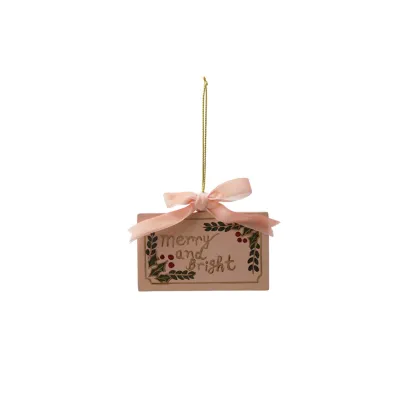 Wood Ornament with Velvet Bow "Merry and Bright"