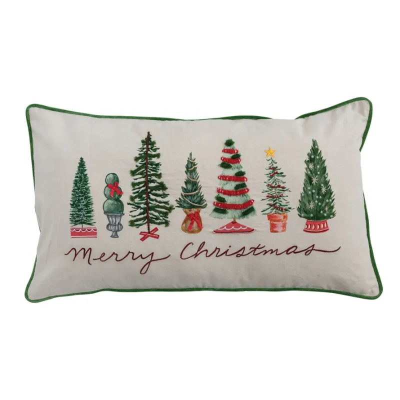 Lumbar Pillow w/ Piping, Embroidery &amp; Trees &quot;Merry Christmas&quot;
