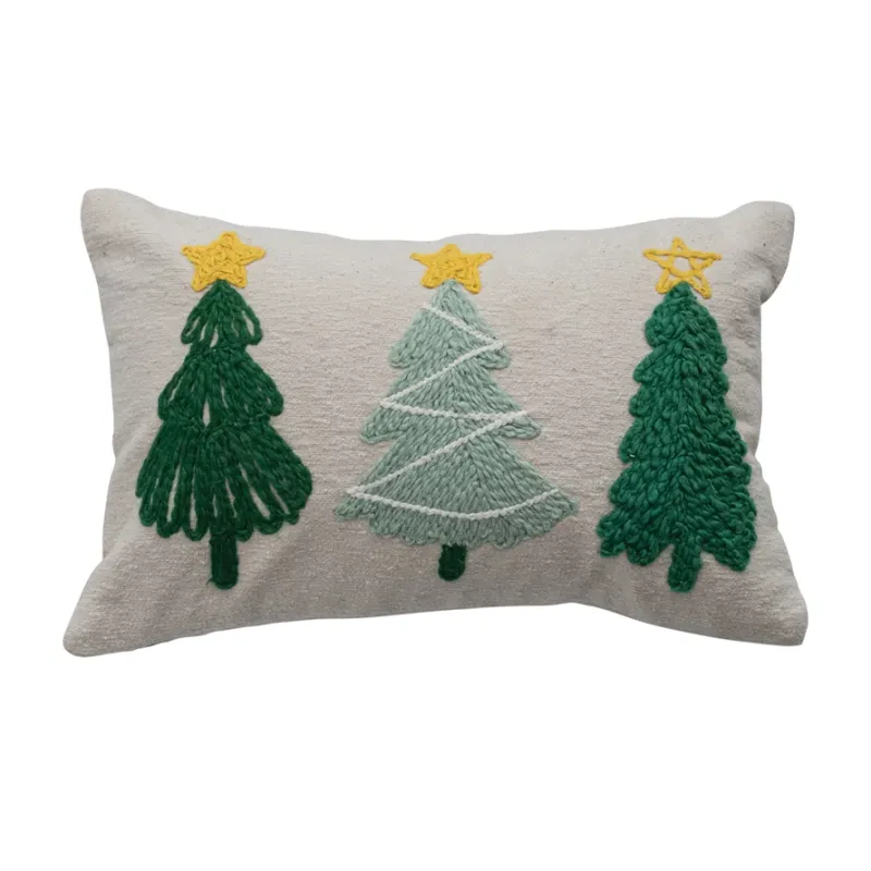Tuffed &amp; Embroidered Christmas Trees Lumbar Pillow