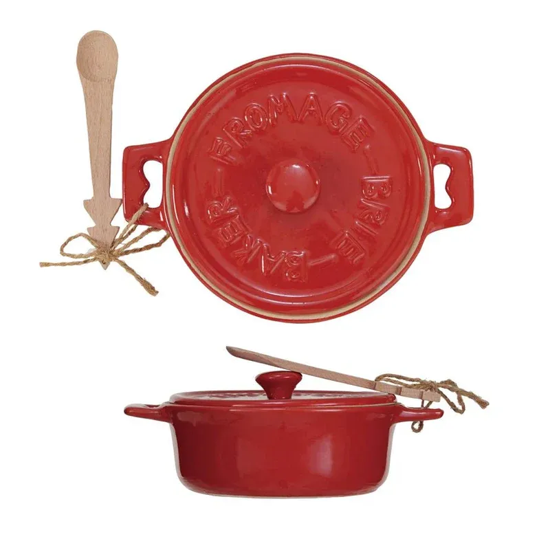 7&quot; Round Red Stoneware Brie Baker w/ Tree Shaped Spoon