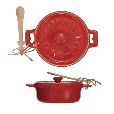 7" Round Red Stoneware Brie Baker w/ Tree Shaped Spoon