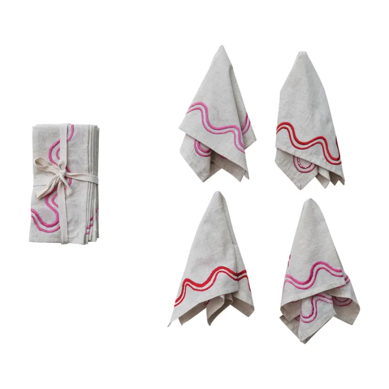 Napkins w/ Embroidered Wavy Lines - Set of 4