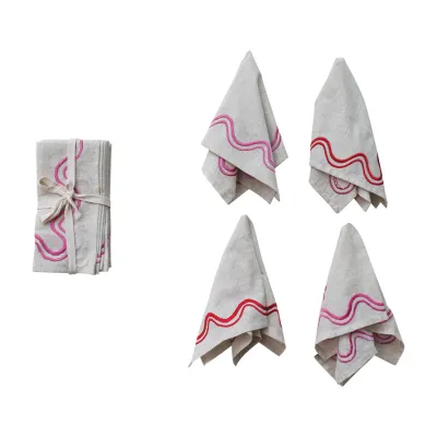 Napkins w/ Embroidered Wavy Lines - Set of 4
