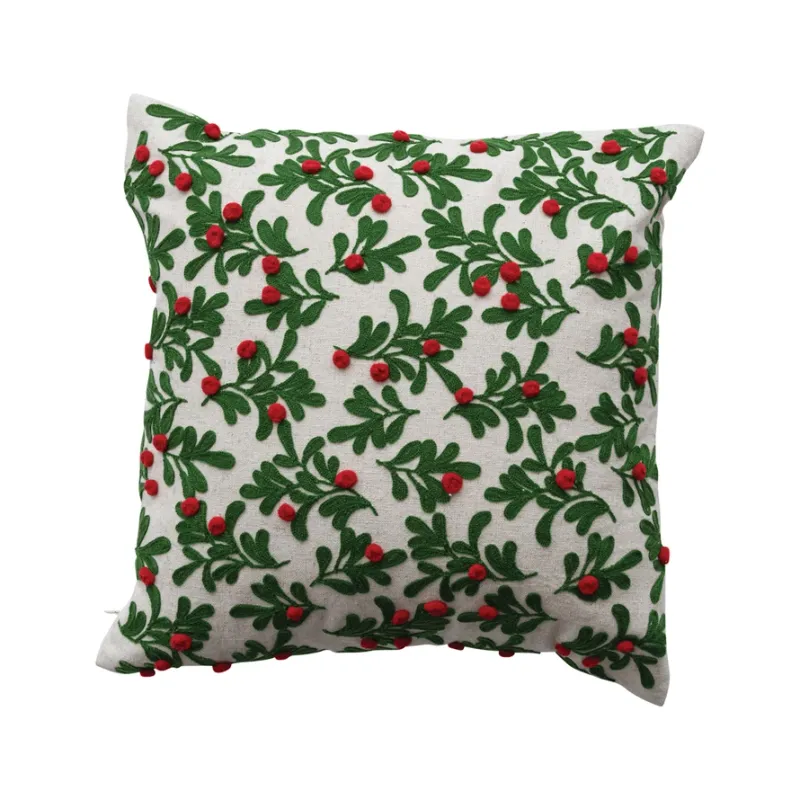 16&quot; Pillow w/ Embroidered Mistletoe Pattern