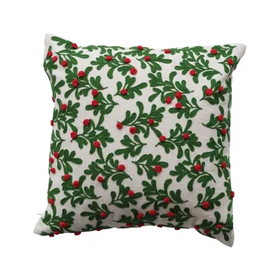 16&quot; Pillow w/ Embroidered Mistletoe Pattern