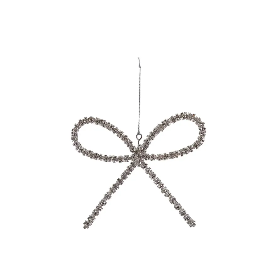 Silver Metal Rhinestone Bow Ornament