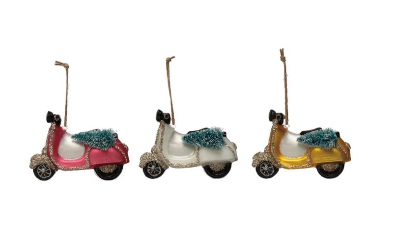Glass Scooter Ornament with Bottle Brush Tree