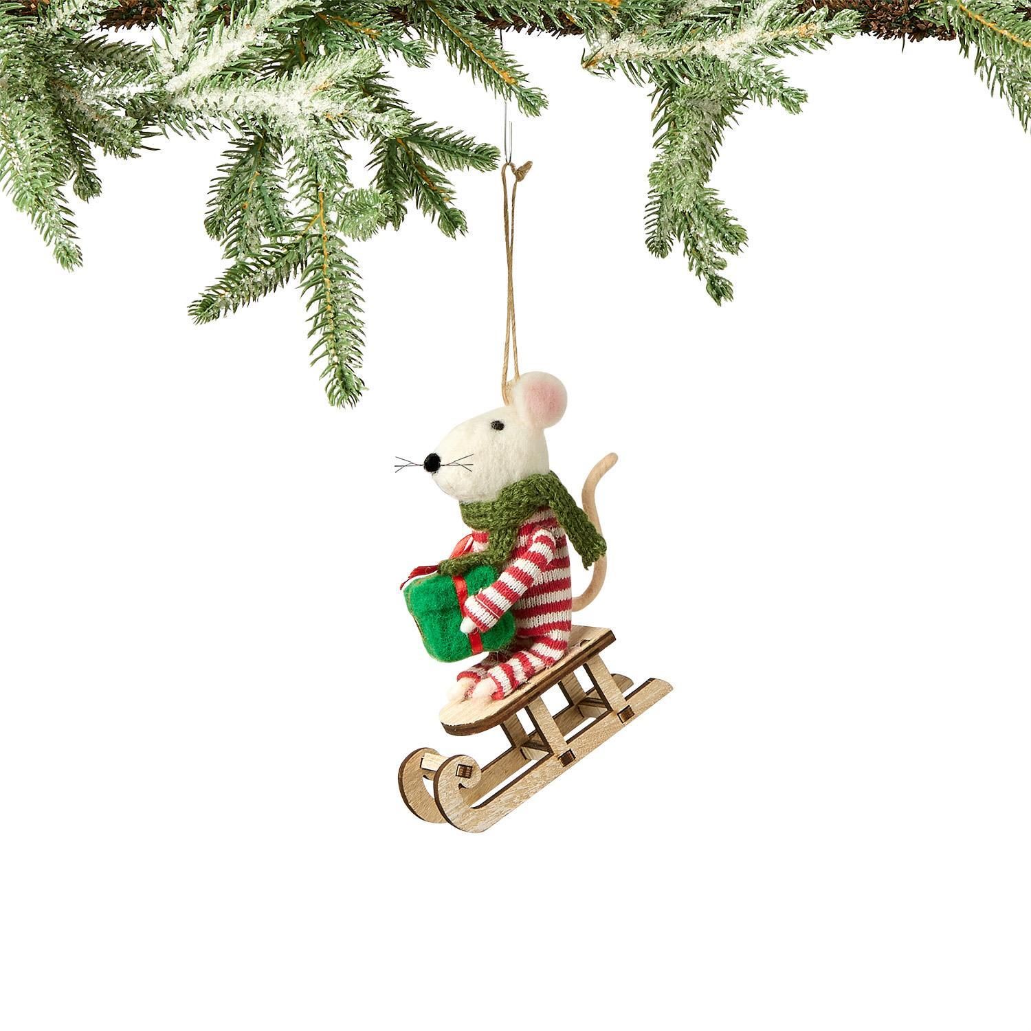 Felt Mouse on Sled Holding a Gift