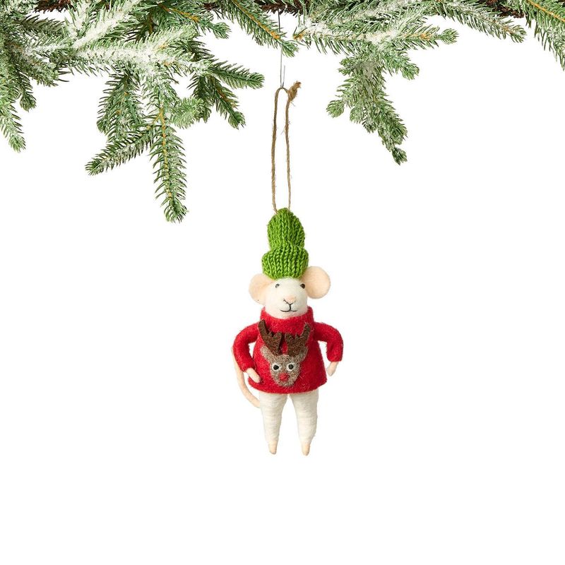 Felt Mouse in Red Sweater w/ Reindeer Design