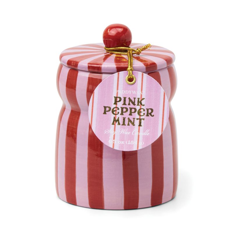 Red/Pink Striped Cabana Candle w/ Lid - Pink Peppermint