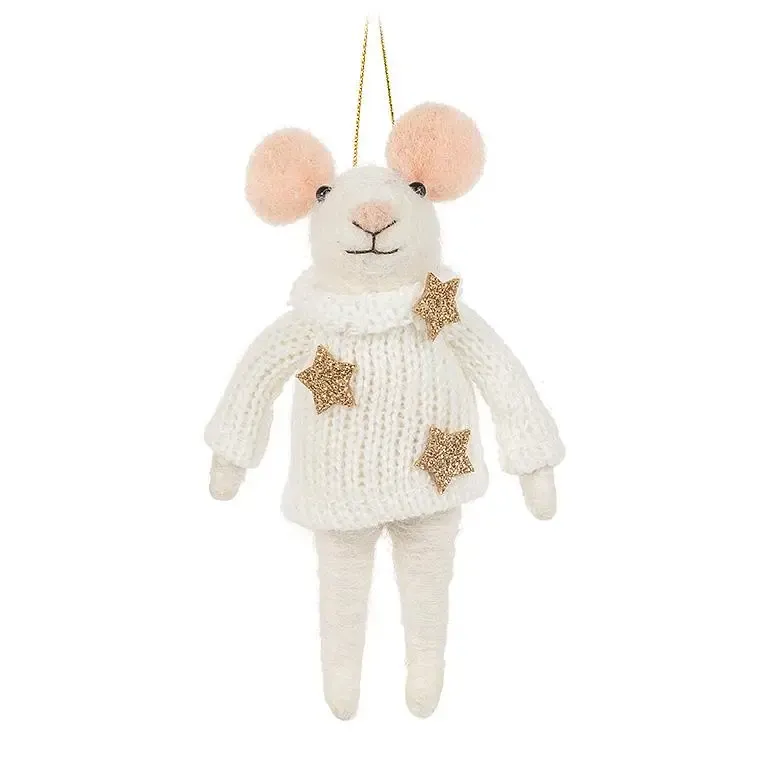 Winter Mouse Ornament in White Sweater with Gold Stars