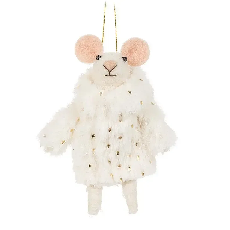 Winter Mouse Ornament in White Coat with Gold Specs