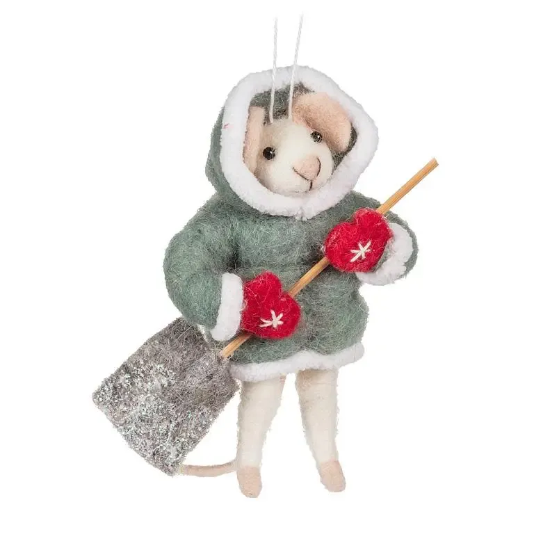 Mouse in Green Puffy Coat with Shovel Ornament
