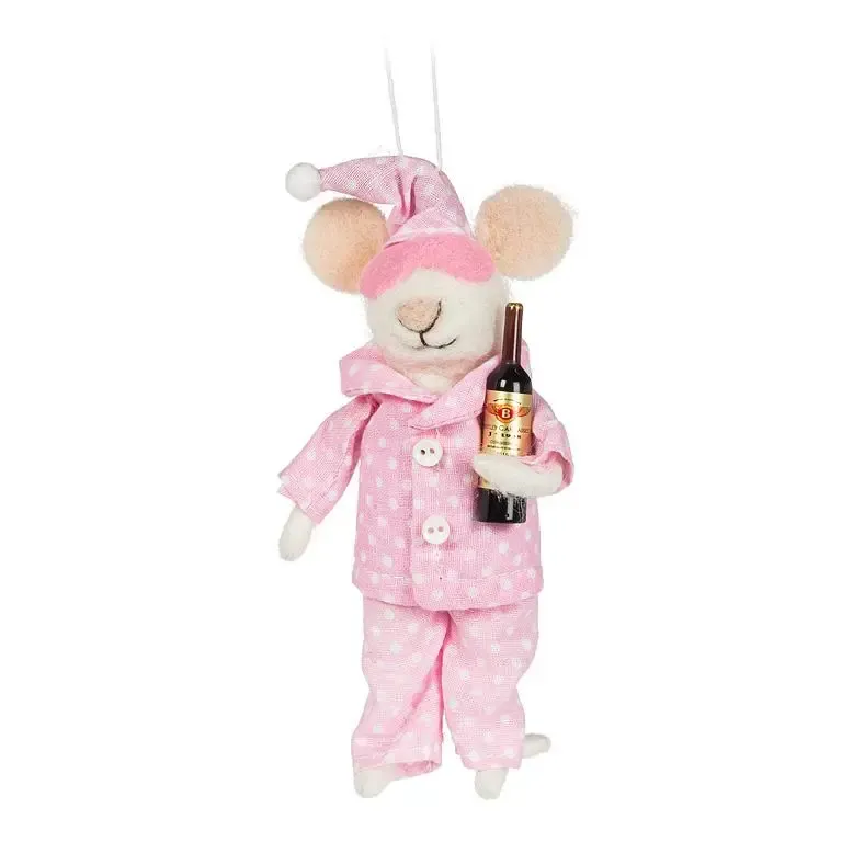 Pink Pajama Mouse with Wine Bottle Ornament