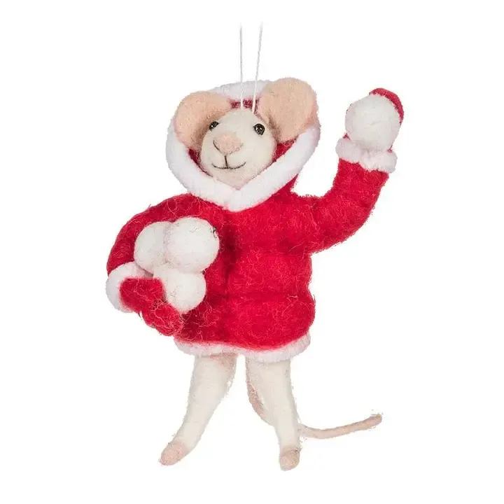 Mouse in Red Puffy Coat with Snowballs Ornament