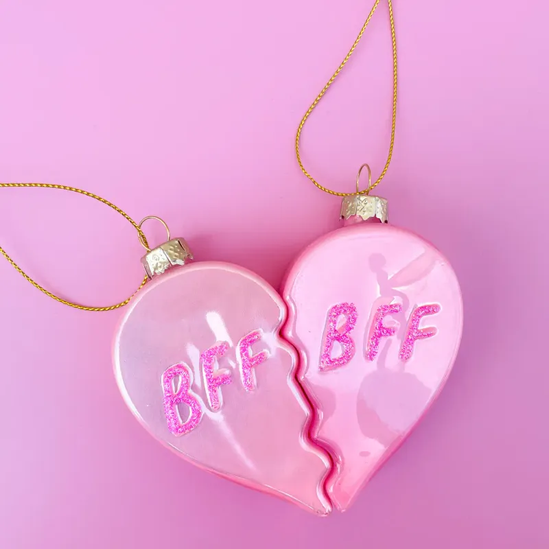 Glittered Bff Heart Christmas Glass Ornament Set