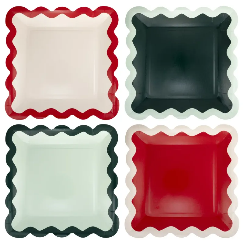 Red Pink Green and Mint Ric Rac Wavy 9" Plate Set - 8ct