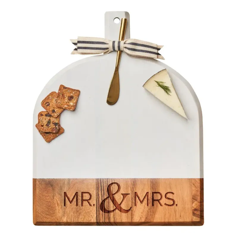 Modern Mr. &amp; Mrs. White Cheese Board w/ Gold Spreader Knife