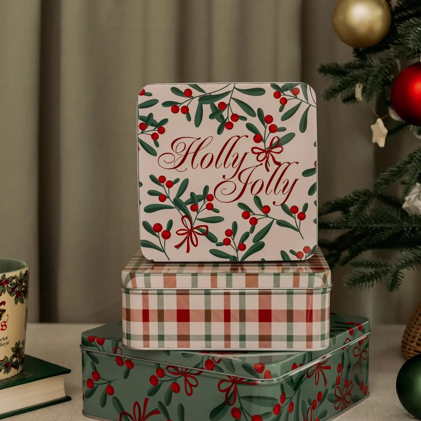 Holly Jolly Square Cookie Tins (Set of 3)